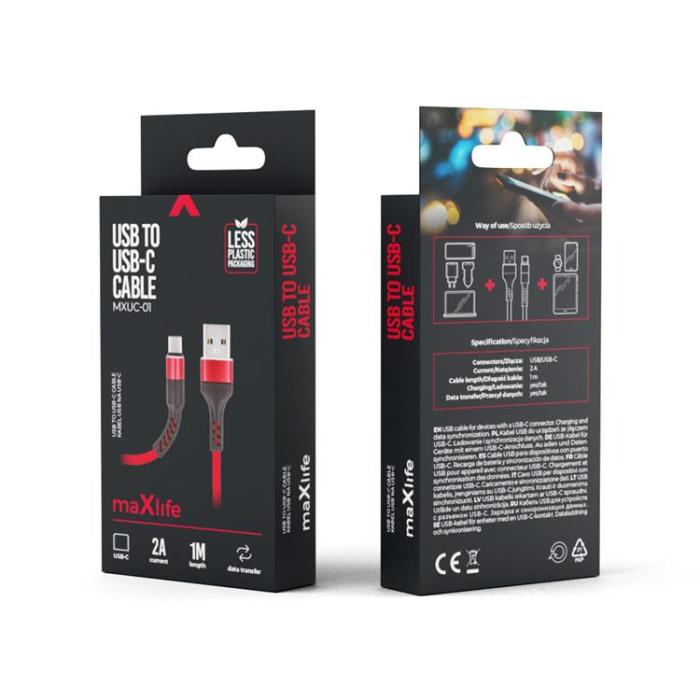 Maxlife - Maxlife USB - USB-C Kabel 1 m 2A - Röd Nylon