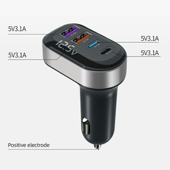 A-One Brand - Billaddare 2x USB-A - 2x USB-C med Voltage Display K33 - Svart