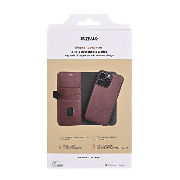BUFFALO - BUFFALO äkta läder iPhone 15 Pro Max Plånboksfodral 3 Kort Magsafe - Brun