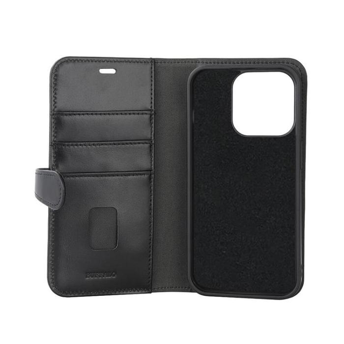 BUFFALO - BUFFALO äkta läder iPhone 15 Pro Plånboksfodral 3 Kort Magsafe - Svart
