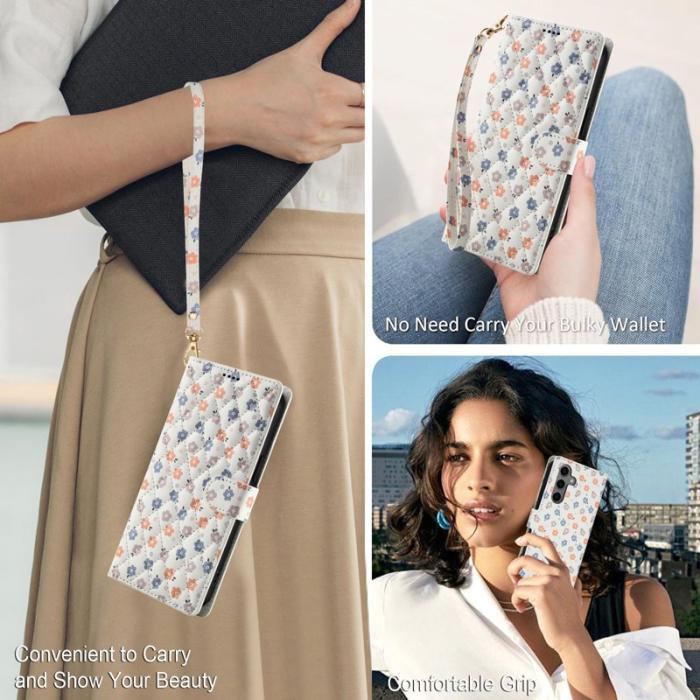 OEM - Samsung Galaxy S26 Plus Plånboksfodral Rhombic Blommönster Konstläder - Vit