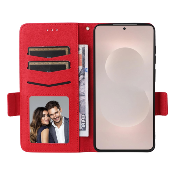 A-One Brand - Galaxy S26 Edge Plånboksfodral Litchi Läder med Rem - Röd