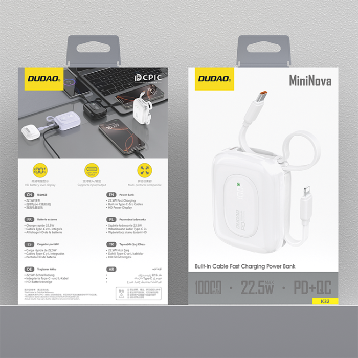 Dudao - Dudao Powerbank 10000mAh 22.5W med Inbyggda USB-C,Lightning Kablar K32