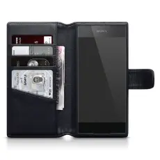 OEM - Pl&aring;nboksfodral av &auml;kta l&auml;der till Sony Xperia XA - Svart