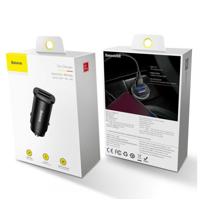 BASEUS - Baseus Mini Qc3.0 2-Port Usb Bil Laddare Svart