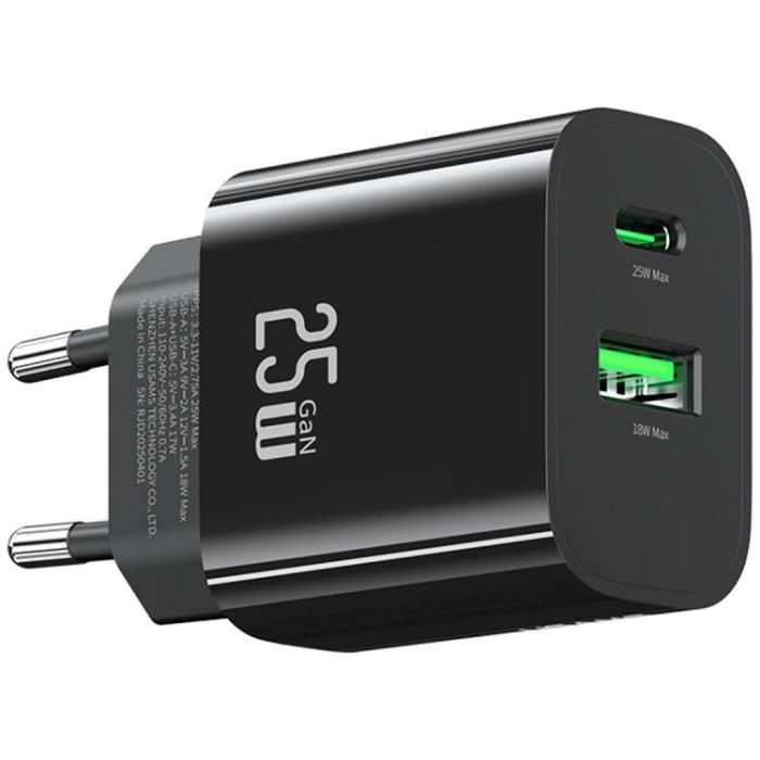 USAMS - USAMS Snabbladdare 25W 1xUSB-C 1xUSB-A CC315 - Svart