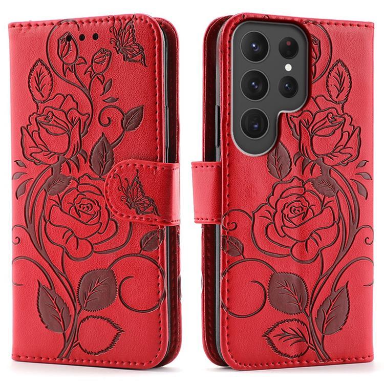 Galaxy S25 Ultra Konstläder Plånboksfodral Imprinted Rosa Butterfly (Röd) | 2353 | AlltMobil