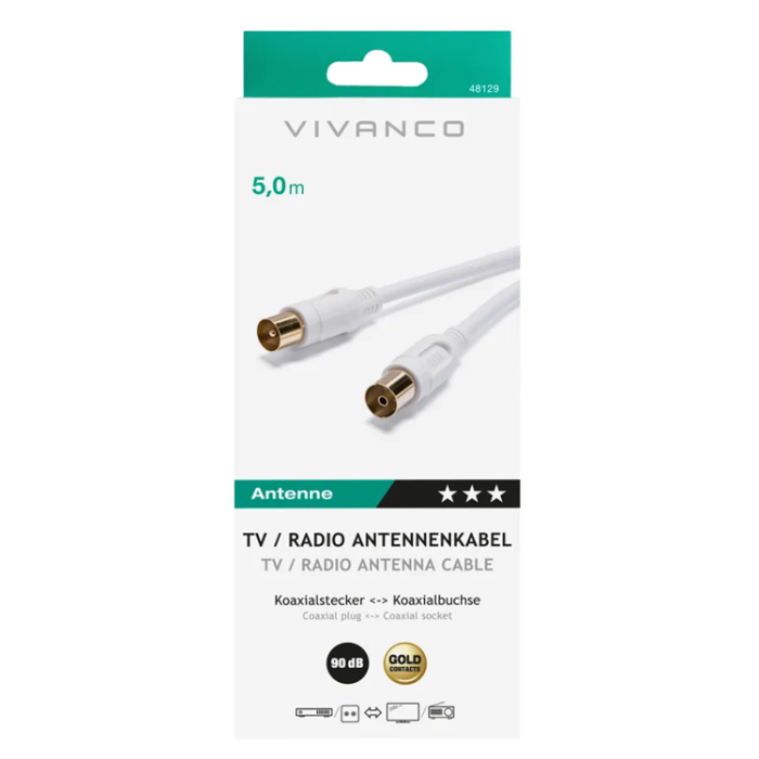 Vivanco - Vivanco Antennkabel, 90 dB, Dubbelskärmad, 5m Guld