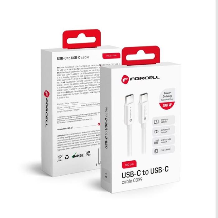 Forcell - FORCELL USB-C till USB-C kabel 1m QC4.0 5A/20V PD100W - Vit