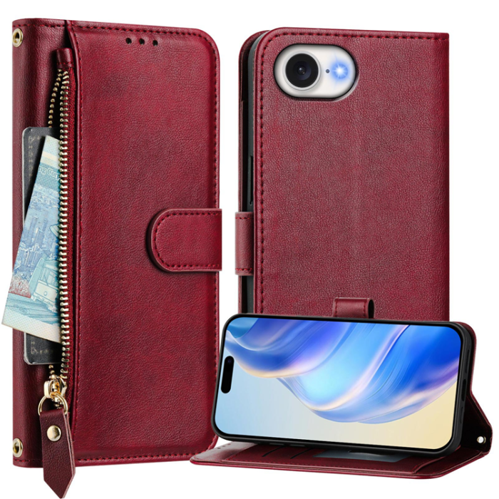 A-One Brand - iPhone 16e Plånboksfodral Zipper Pocket Läder - Röd