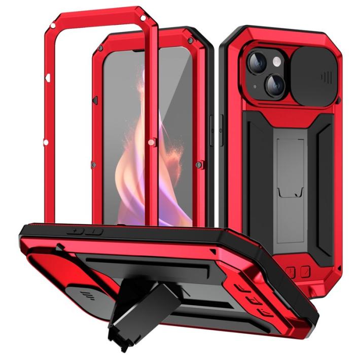 R-JUST - R-JUST Mobilskal till iPhone 15 Plus med Kickstand Röd Silicone+Metal+Plast