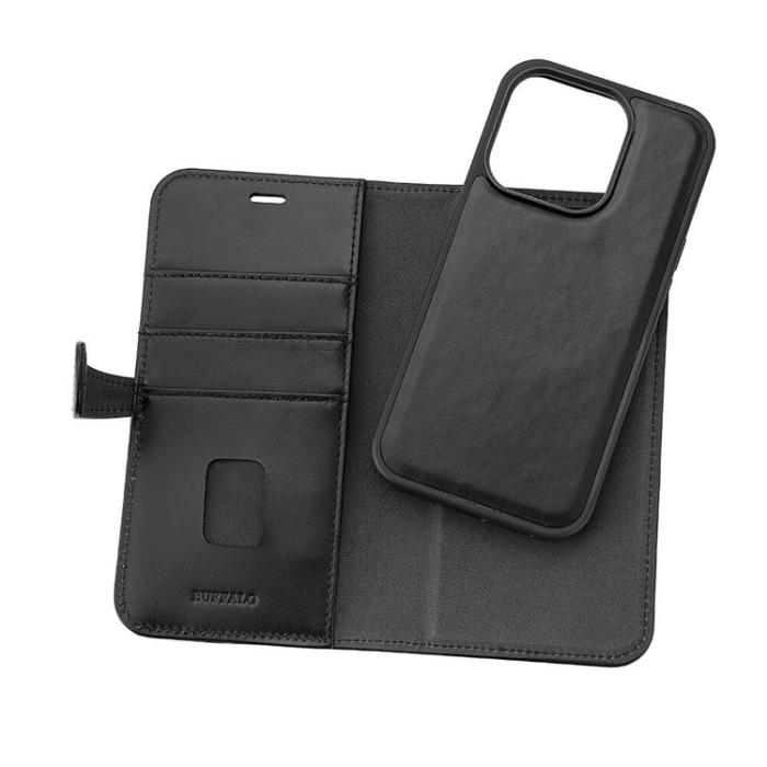 BUFFALO - BUFFALO äkta läder iPhone 15 Pro Plånboksfodral 3 Kort Magsafe - Svart