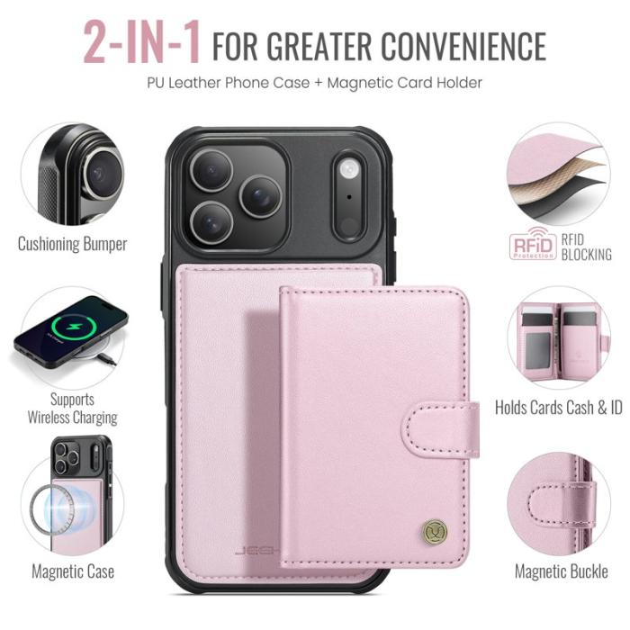 JEEHOOD - JEEHOOD J09 Mobilskal till iPhone 17 Pro RFID Låsfunktion Läder Rosa