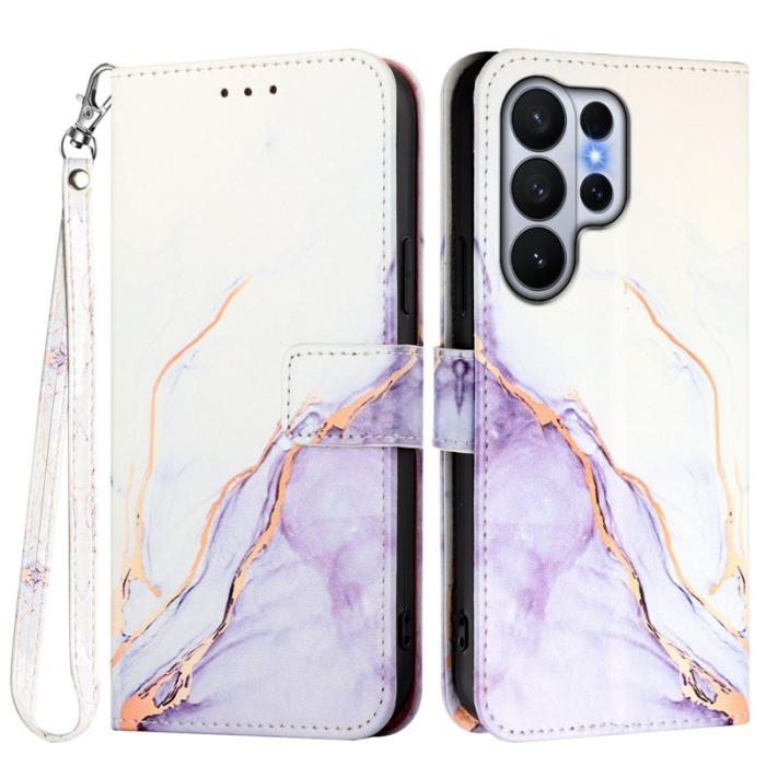 OEM - Samsung Galaxy S26 Ultra Skal Marmor Mönster Äkta Läder - Vit / Lila