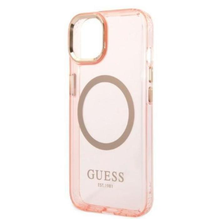 Guess - GUESS iPhone 14 Plus Skal MagSafe Gold Outline Translucent - Rosa
