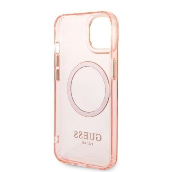 Guess - GUESS iPhone 14 Plus Skal MagSafe Gold Outline Translucent - Rosa