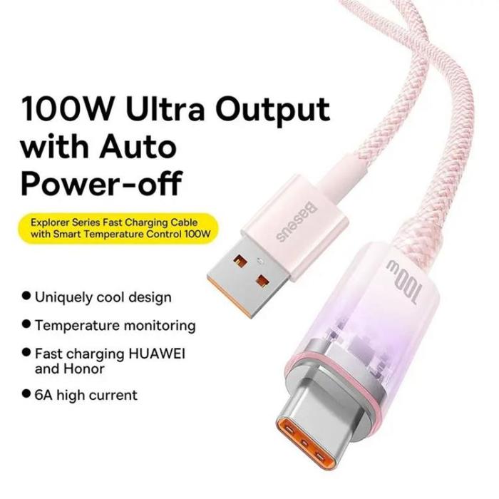 BASEUS - Baseus USB-C till USB-A kabel 2m 100W - Rosa