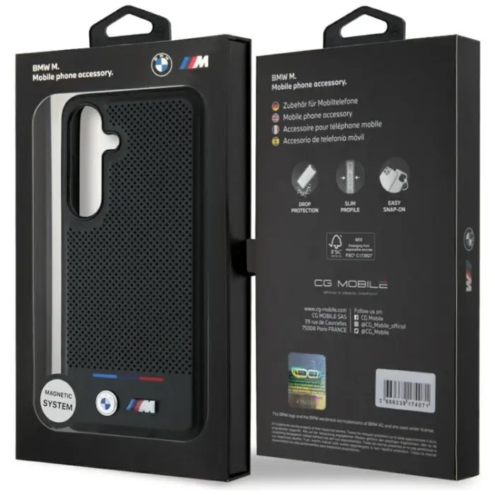 BMW - BMW Galaxy S25 Mobilskal MagSafe Läder Tricolor Stripe - Svart