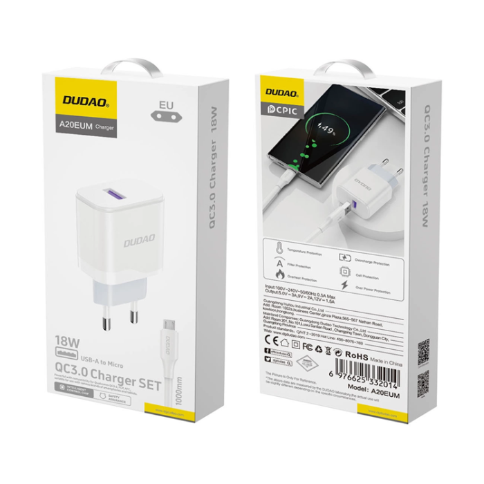 Dudao - Dudao Väggladdare A20EU USB-A 18W + Micro USB Kabel - Vit