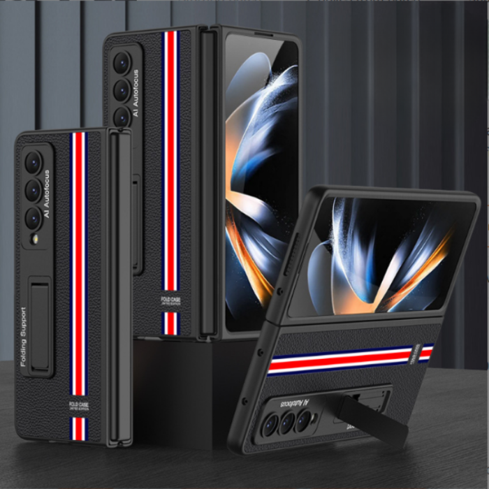 GKK - GKK Galaxy Z Fold 4 Skal Striped Läder- Svart
