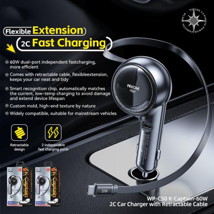 OEM - WEKOME WP-C50 Biladapter 60W Dubbel USB-C Snabbladdare med 0,8m Kabel - Svart