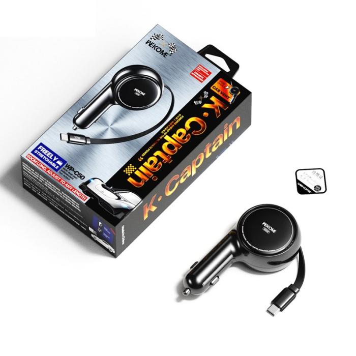 OEM - WEKOME WP-C50 Biladapter 60W Dubbel USB-C Snabbladdare med 0,8m Kabel - Svart