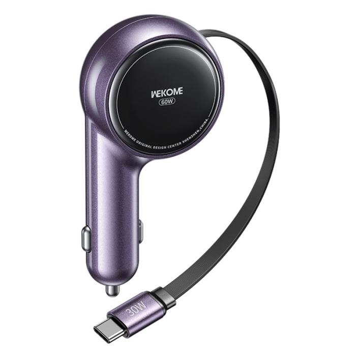OEM - WEKOME WP-C50 Biladapter 60W Dubbel USB-C Snabbladdning Lila 0,8m Kabel