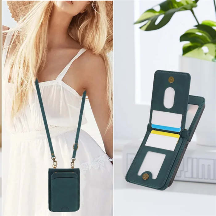 A-One Brand - Galaxy Z Flip7 Plånboksfodral Kickstand med Axelrem - Grön