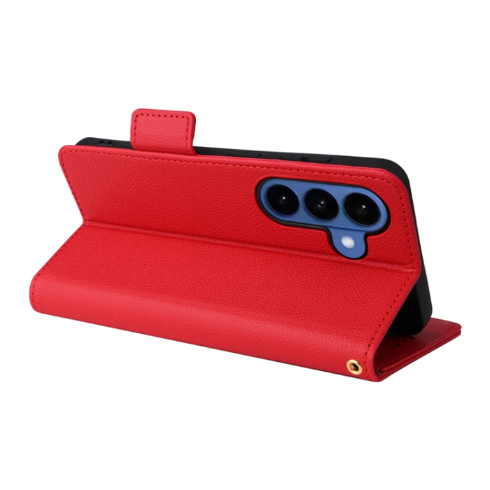 A-One Brand - Galaxy S26/S26 Pro Plånboksfodral Litchi Läder med Rem - Röd