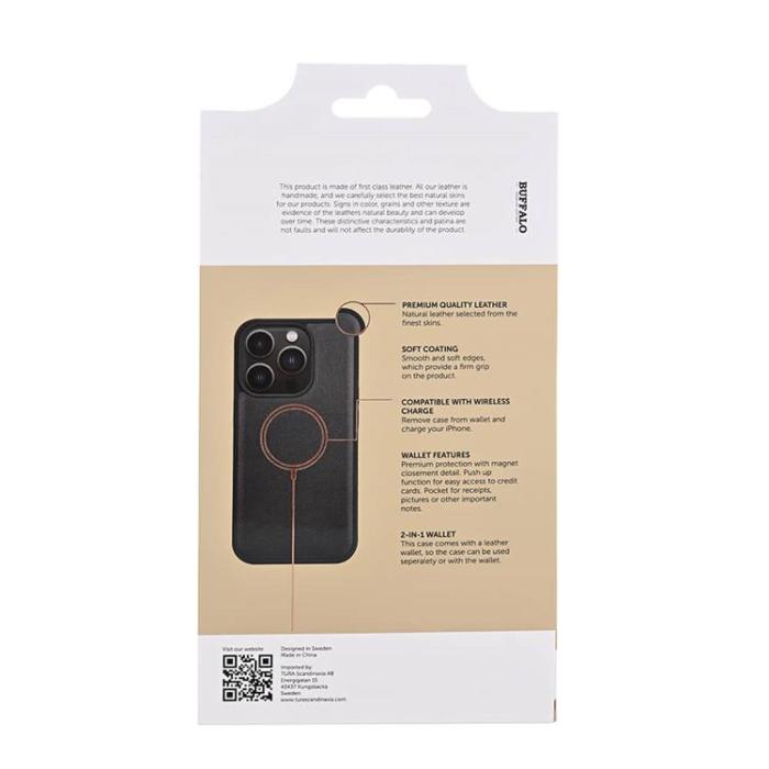 BUFFALO - BUFFALO äkta läder iPhone 15 Pro Plånboksfodral 3 Kort Magsafe - Svart