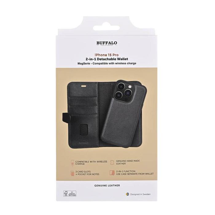 BUFFALO - BUFFALO äkta läder iPhone 15 Pro Plånboksfodral 3 Kort Magsafe - Svart
