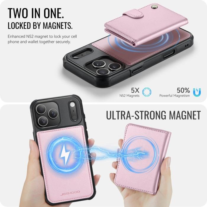 JEEHOOD - JEEHOOD J09 Mobilskal till iPhone 17 Pro RFID Låsfunktion Läder Rosa