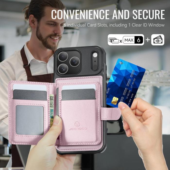 JEEHOOD - JEEHOOD J09 Mobilskal till iPhone 17 Pro RFID Låsfunktion Läder Rosa