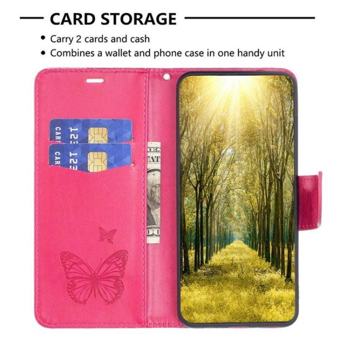 OEM - iPhone 14 Pro Max Plånboksfodral Butterflies Imprinted - Magenta