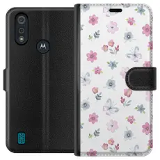 Gustaf - Pl&aring;nboksfodral till Motorola Moto E6i med Blommor och fj&auml;rillar