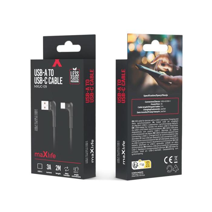 Maxlife - Maxlife USB-A till USB-C Kabel Vinkel 3A 2m MXUC-09 - Svart