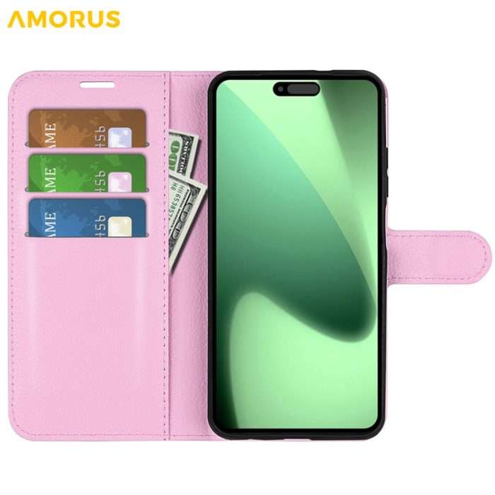 Amorus - AMORUS iPhone 17 Pro Plånboksfodral Flipstativ Litchi - Rosa