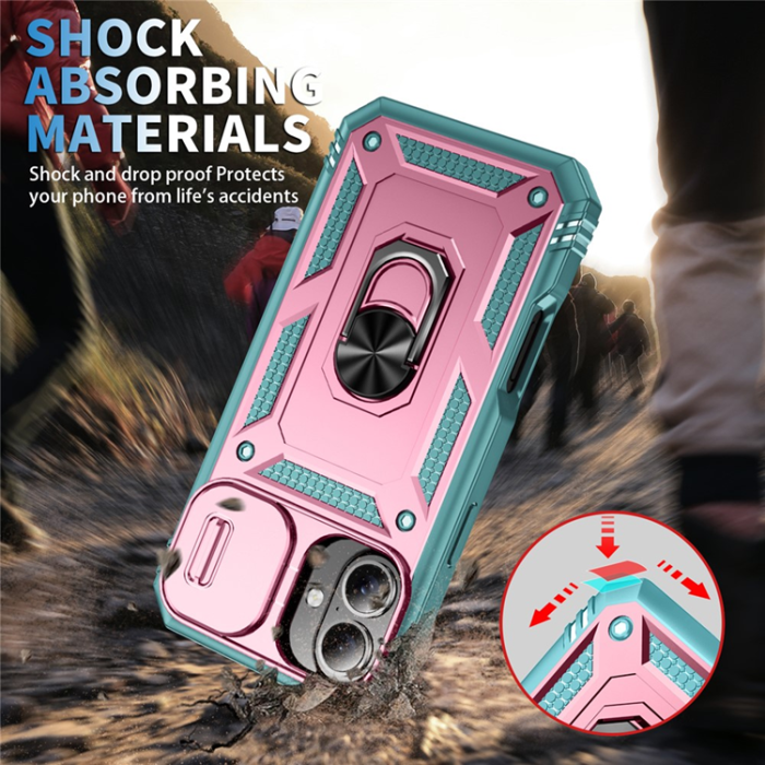 A-One Brand - iPhone 17 Mobilskal Slide Camshield Kickstand - Rosa/Grön