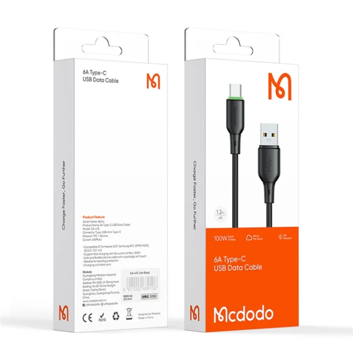 MCDODO - MCDODO USB-A - USB-C 6A Kabel 1.2M CA-475 Alpha - Svart
