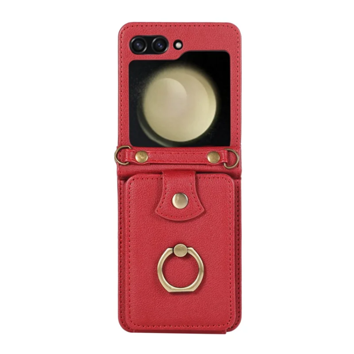 A-One Brand - Galaxy Z Flip7 Plånboksfodral Ring Kickstand med Lång rem - Röd