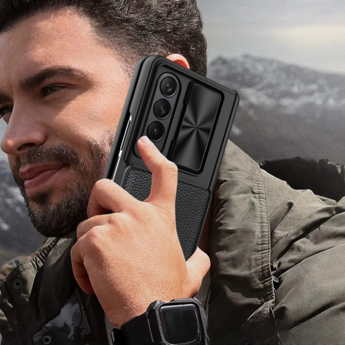 A-One Brand - Galaxy Z Fold 4 Mobilskal Korthållare Kamera Slider - Svart