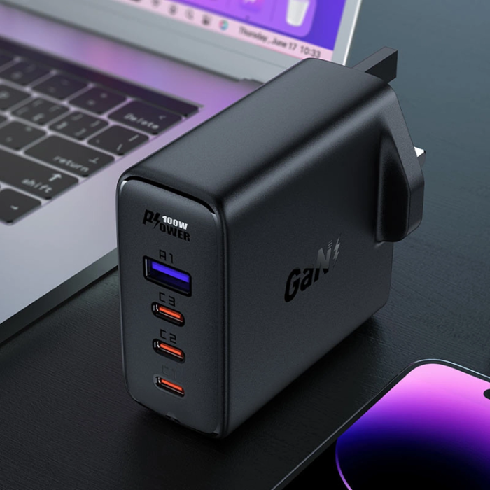 Acefast - Acefast GaN Snabbladdare 3x USB-C 1x USB 100W UK - Svart