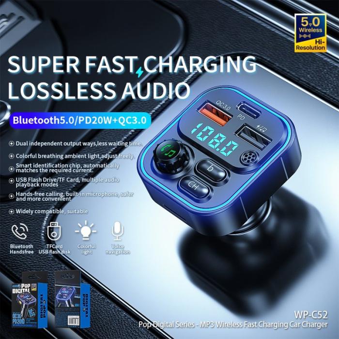 OEM - WEKOME WP-C52 Bluetooth MP3 PD 20W Snabbladdare för bil