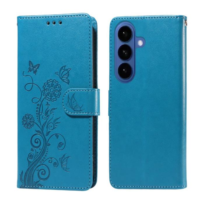 OEM - Samsung Galaxy S26+ Plånboksfodral Konstläder Blomtryck Ställ - Blå