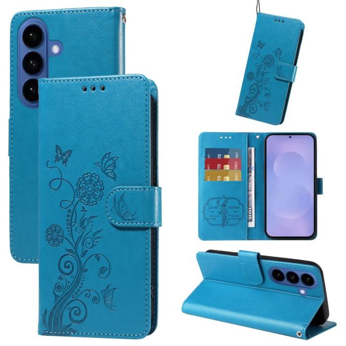 OEM - Samsung Galaxy S26+ Plånboksfodral Konstläder Blomtryck Ställ - Blå