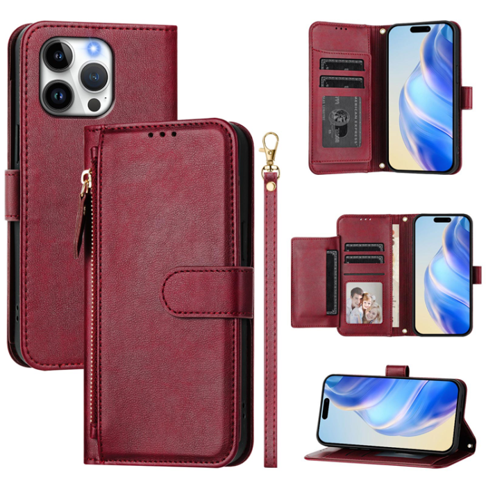 A-One Brand - iPhone 16 Pro Max Plånboksfodral Zipper Pocket Läder - Röd