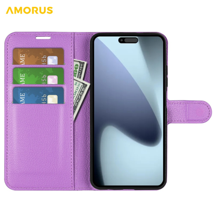 Amorus - AMORUS iPhone 17 Plånboksfodral Flipstativ Litchi - Lila