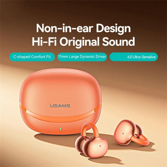 USAMS - USAMS Clip-On Trådlös Hörlurar Echo R03 Bluetooth 5.0 med 11 mm - Orange