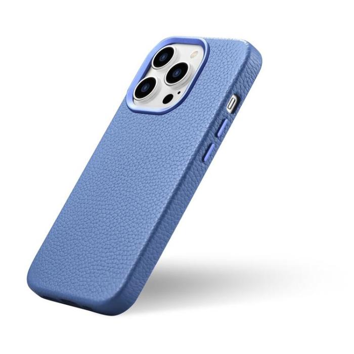 ICARER - iCarer iPhone 14 Pro Max Skal Magsafe Äkta Läder Litchi Premium - Ljusblå