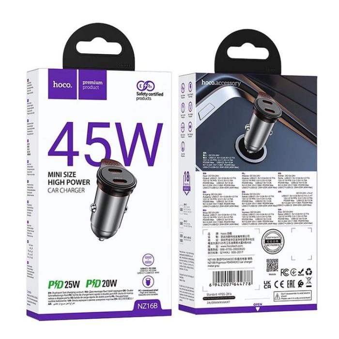 Hoco - HOCO Billaddare 2x USB-C 45W PD QC 3.0 NZ16B - Metal Grå